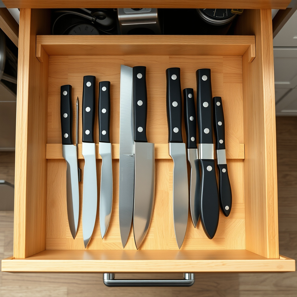 How can I safely store knives in kitchen drawers?