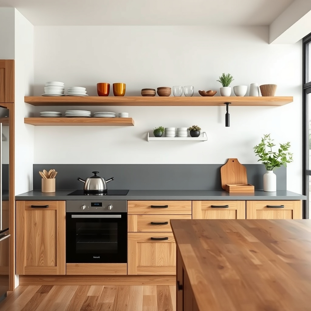 How do open shelves help make oak kitchens look modern?